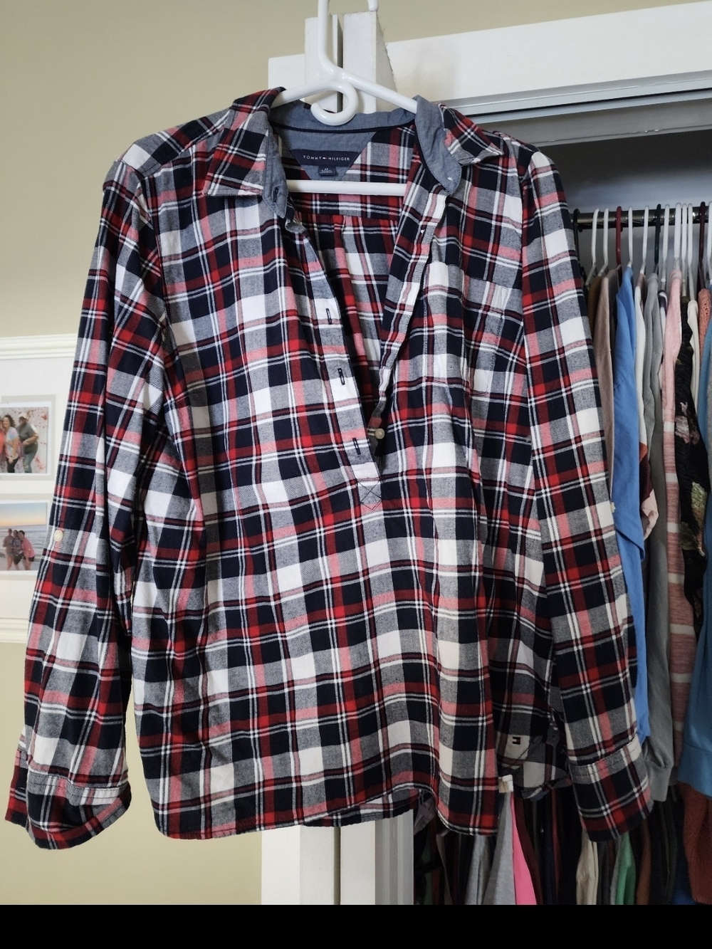 Tommy Hilfiger Men’s Red Black White Plaid Button-Down Shirt